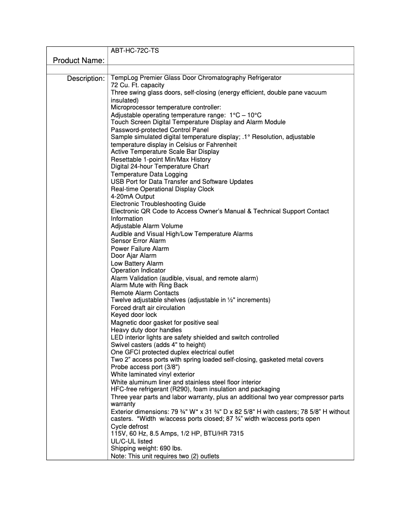 Page 1 de la notice Manuel utilisateur American BioTech Supply ABT-HC-72C-TS