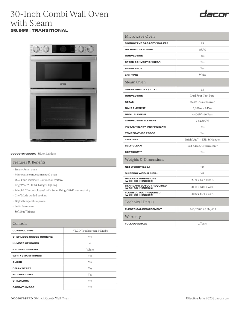 Page n°1 - Fiche technique Dacor DOC30T977DS