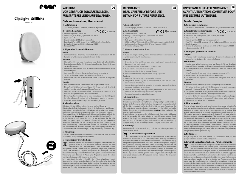 Page n°1 - Manuel utilisateur Reer ClipLight 52361