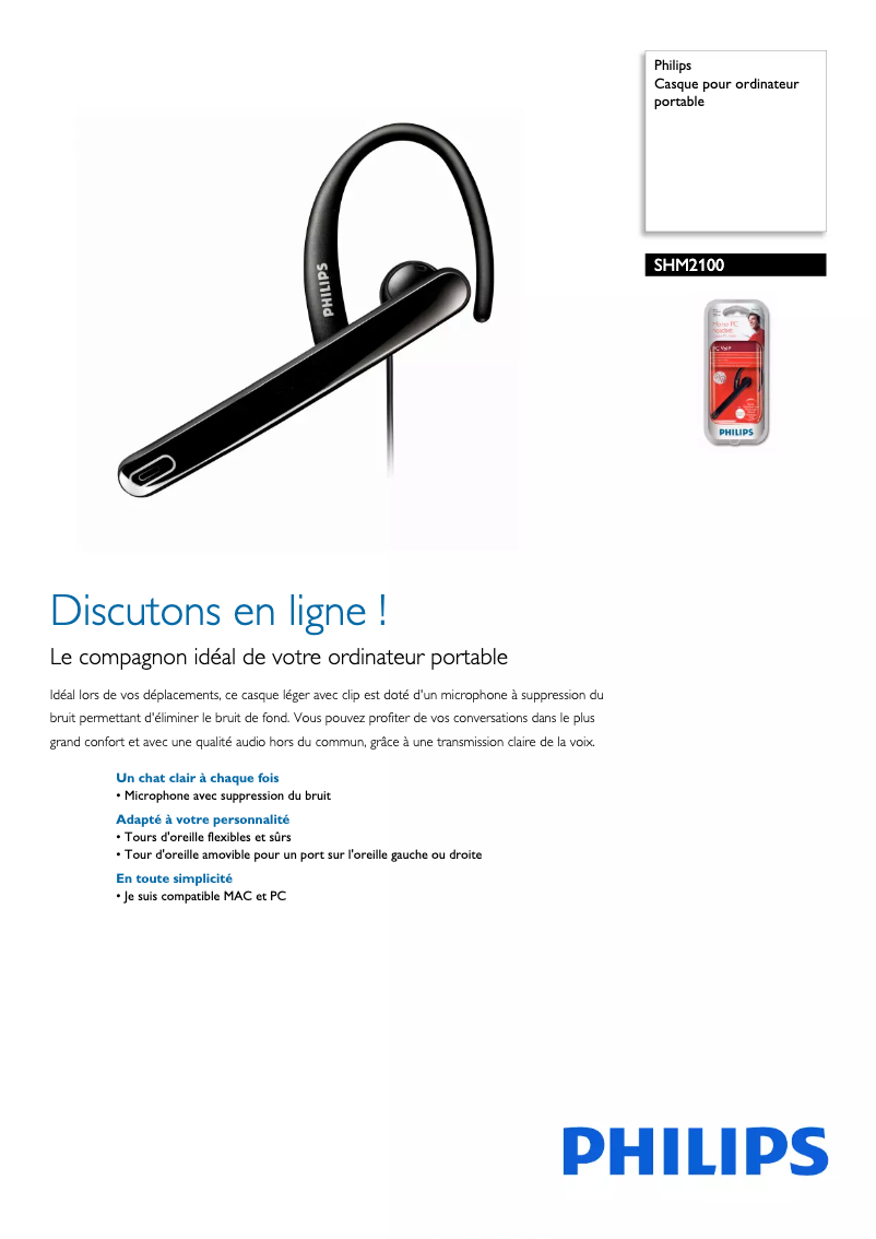 Page 1 de la notice Fiche technique Philips SHM2100