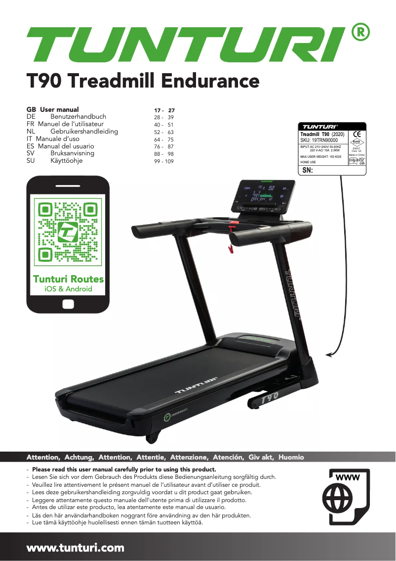 Page 1 de la notice Manuel utilisateur Tunturi Endurance T90