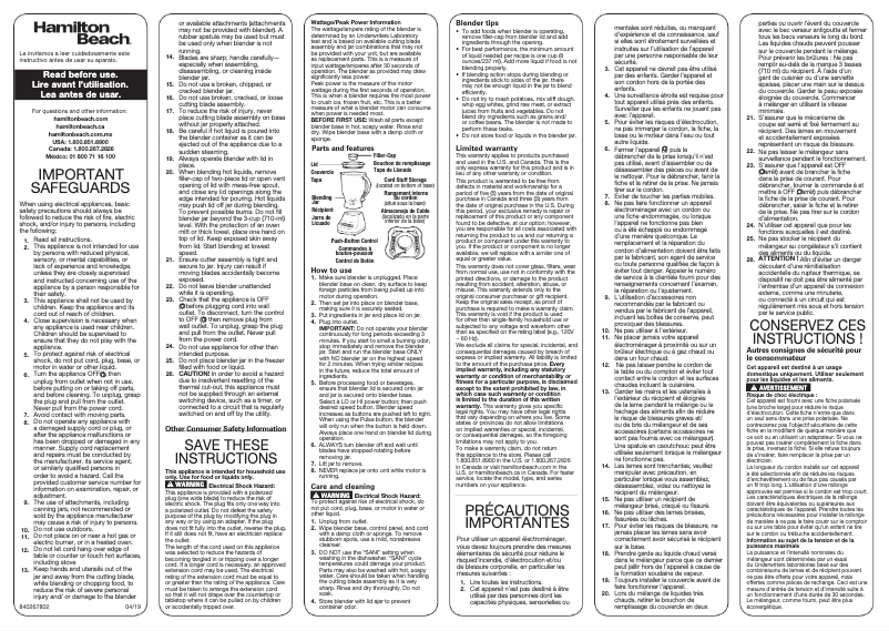 Page 1 de la notice Manuel d'utilisation et d'entretien Hamilton Beach Smoothie 50166