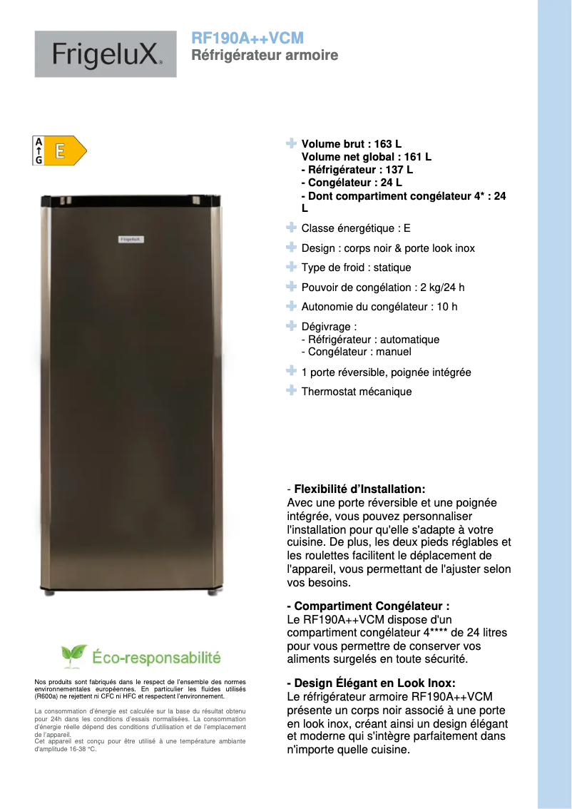 Page n°1 - Fiche technique FrigeluX RF190A++VCM