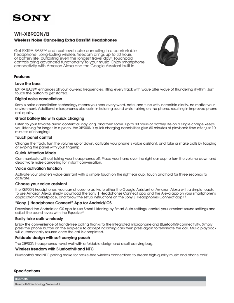 Page 1 de la notice Fiche technique Sony WH-XB900N