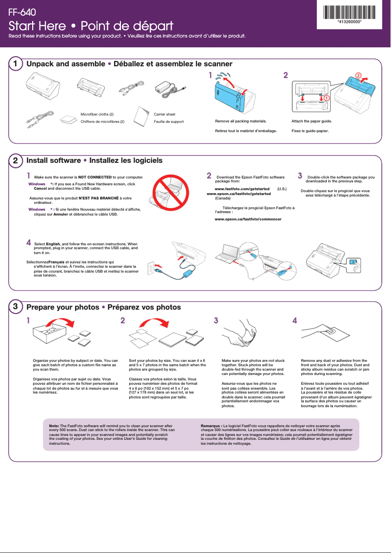 Page 1 de la notice Guide d'installation Epson FastFoto FF-640