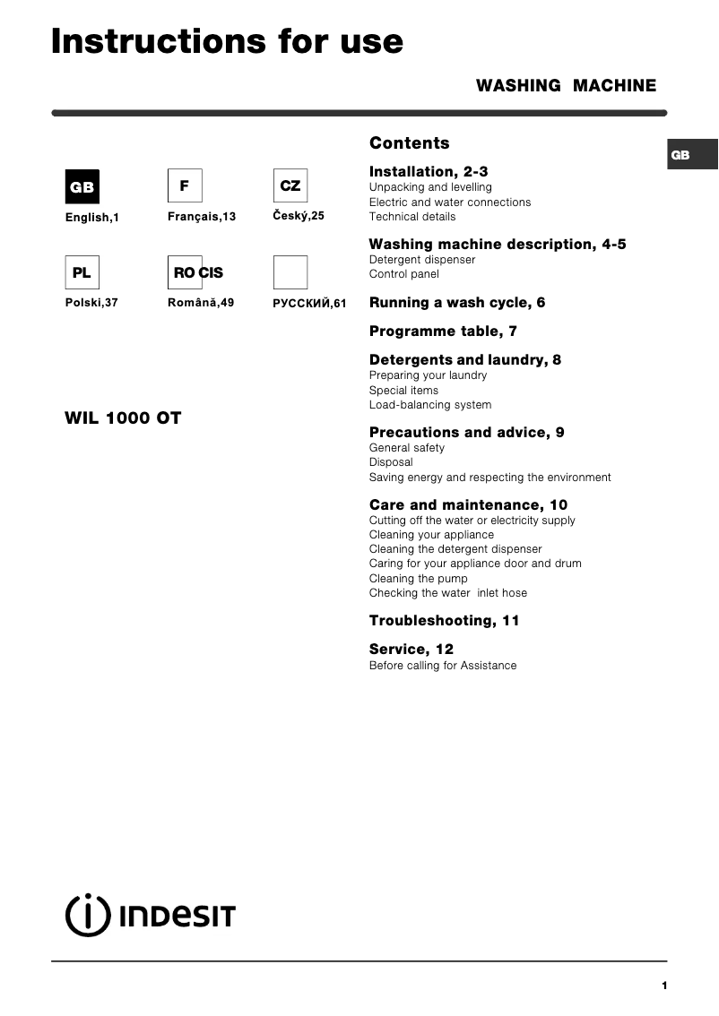 Página 1 del manual Manual de usuario Indesit WIL 1000 OT (EU)