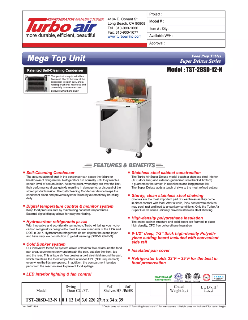 Page 1 de la notice Fiche technique Turbo air TST-28SD-12