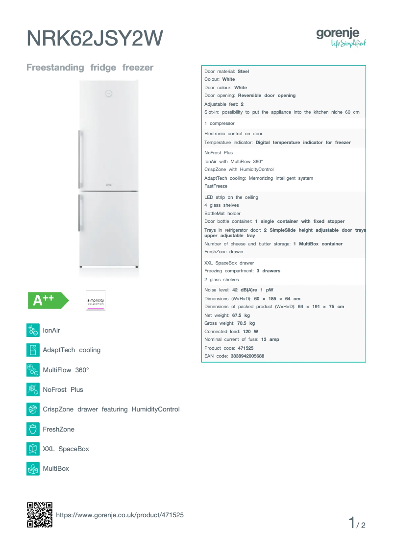 Page n°1 - Fiche technique Gorenje NRK62JSY2W