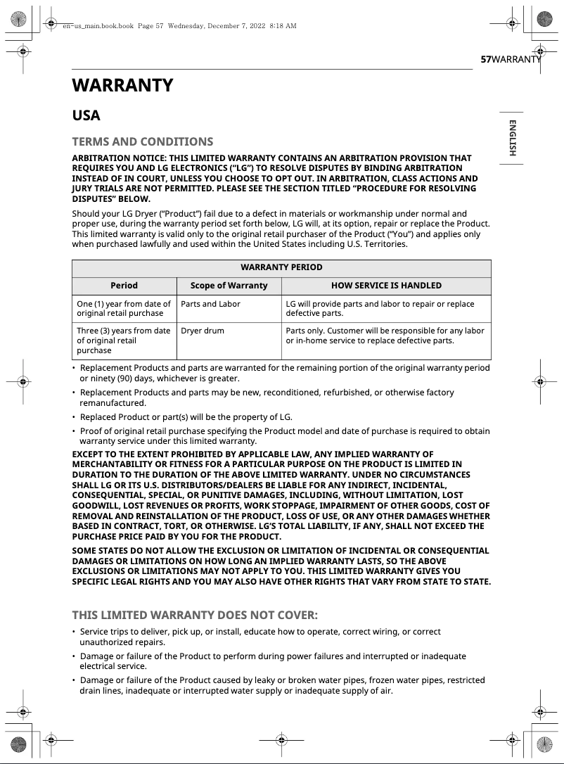 Page n°1 - Informations de garantie LG DLGX6501W