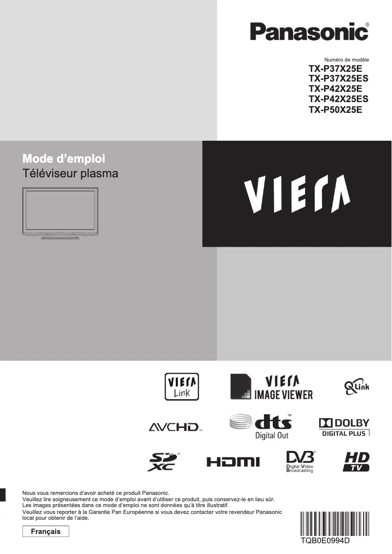 Page 1 de la notice Manuel utilisateur Panasonic Viera TX-P50X25E