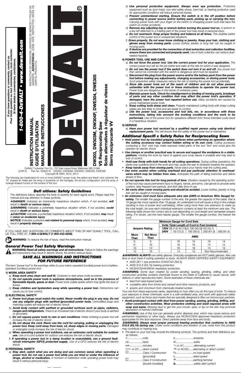 Page n°1 - Manuel utilisateur DeWalt DWE305K