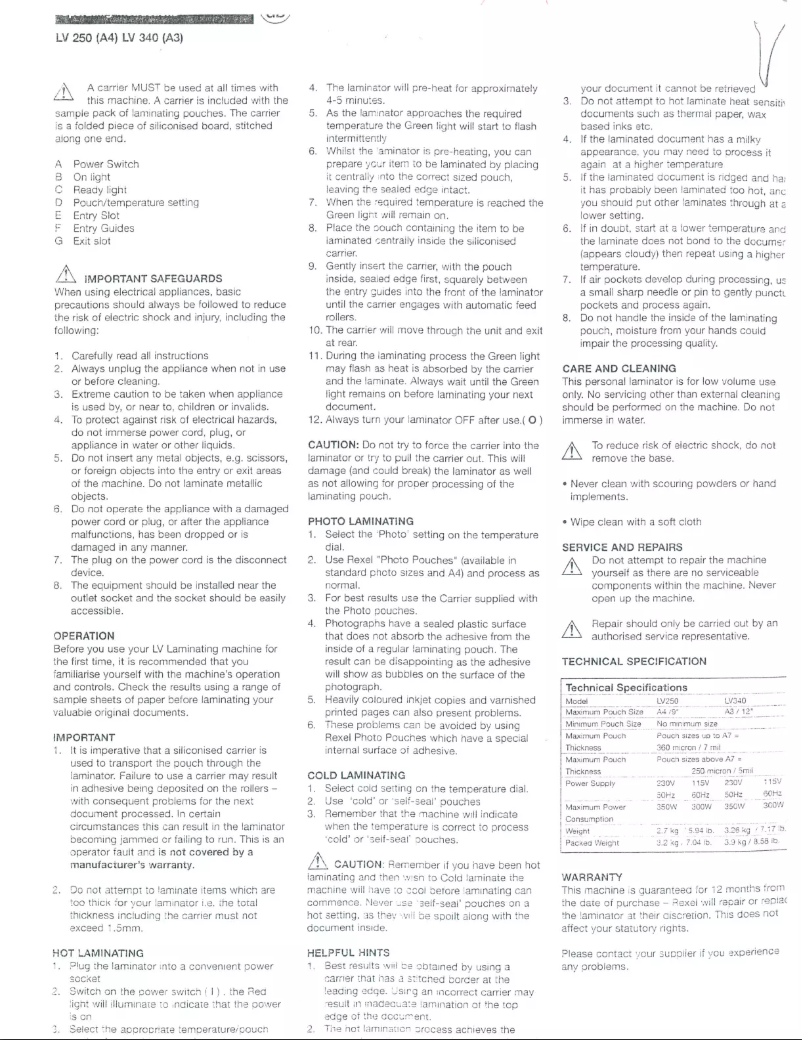 First page image of the manual for LV250