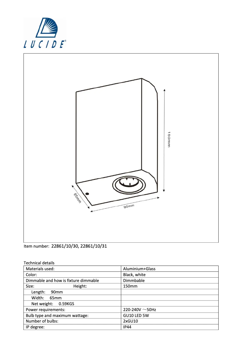 Page n°1 - Manuel utilisateur Lucide Zora 22861/10/30