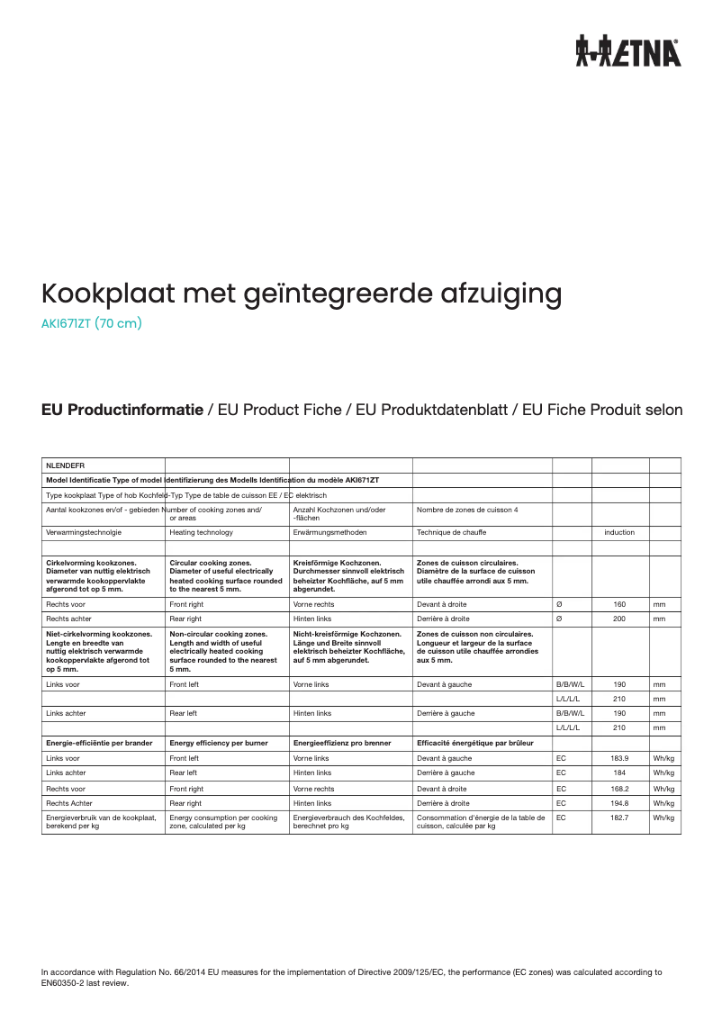 Page 1 de la notice Fiche technique Etna AKI671ZT
