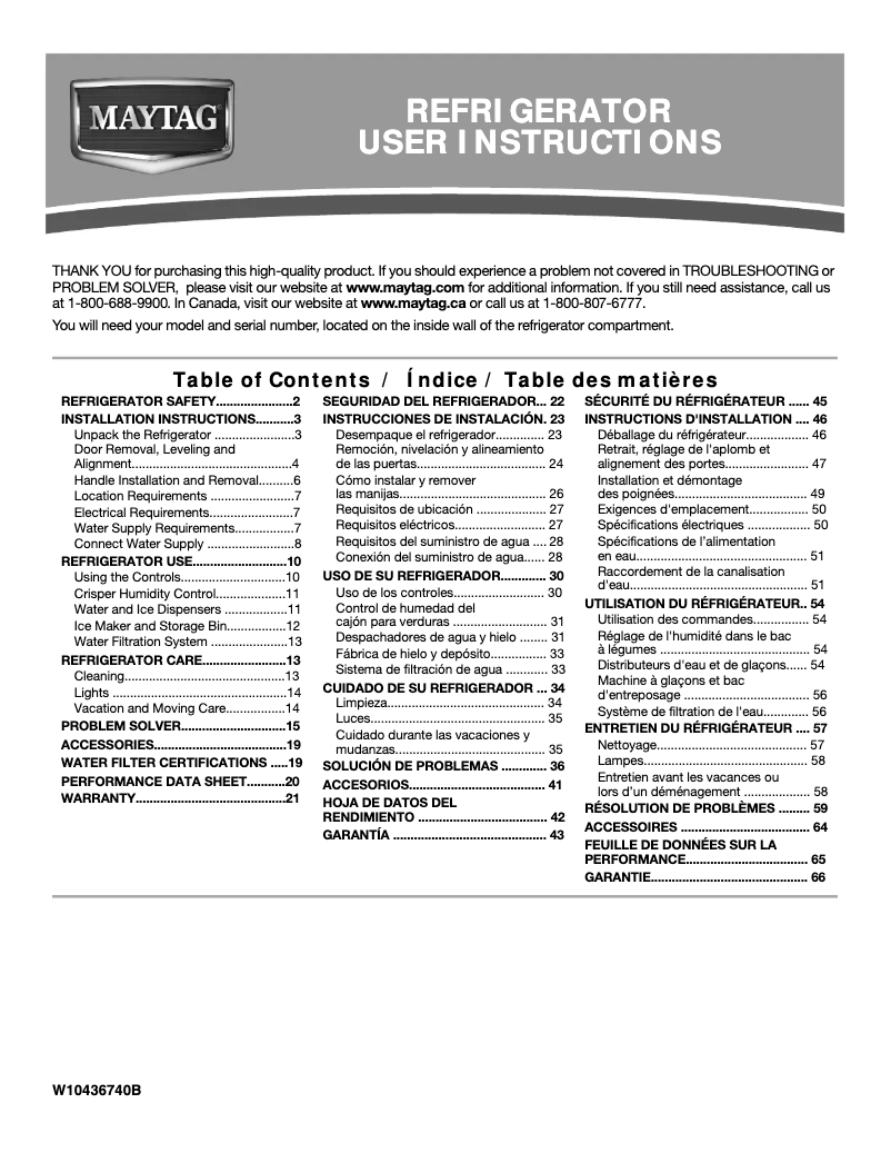 Page n°1 - Manuel d'utilisation et d'entretien Maytag MSF22D4XAB