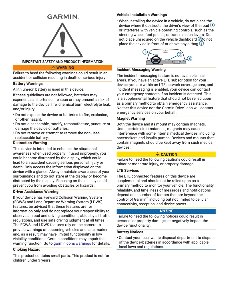 Page 1 de la notice Instructions de sécurité Garmin Dash Cam Live