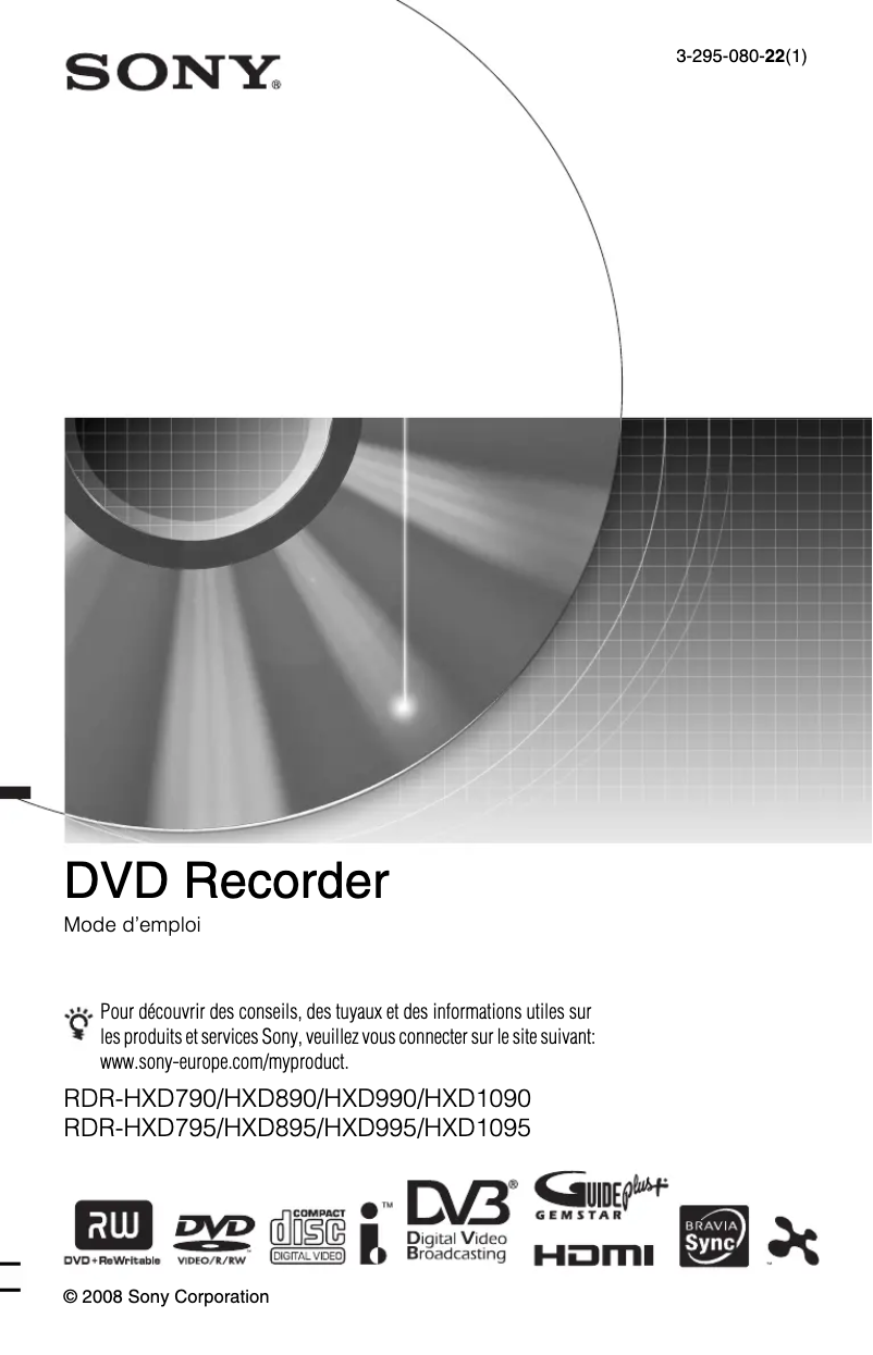 Page 1 de la notice Manuel utilisateur Sony RDR-HXD890