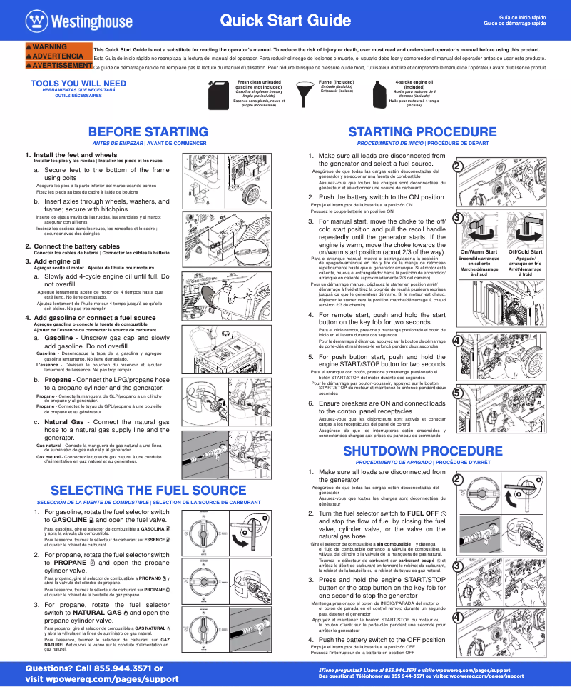 Page n°1 - Guide de démarrage rapide Westinghouse WGen11500TFc