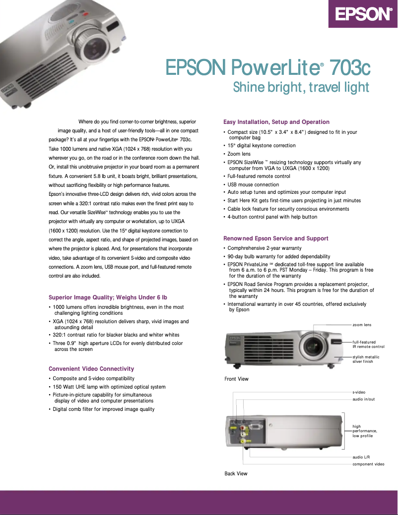 Page 1 de la notice Brochure Epson PowerLite 703c