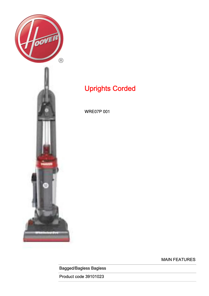 Página 1 del manual Ficha técnica Hoover Whirlwind Evo WRE07P 001