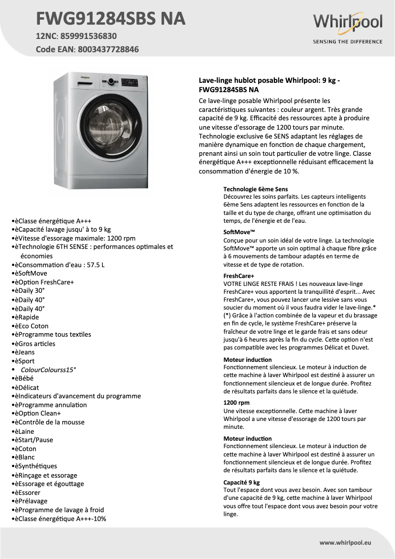 Página 1 del manual Ficha técnica Whirlpool FWG91284SBS