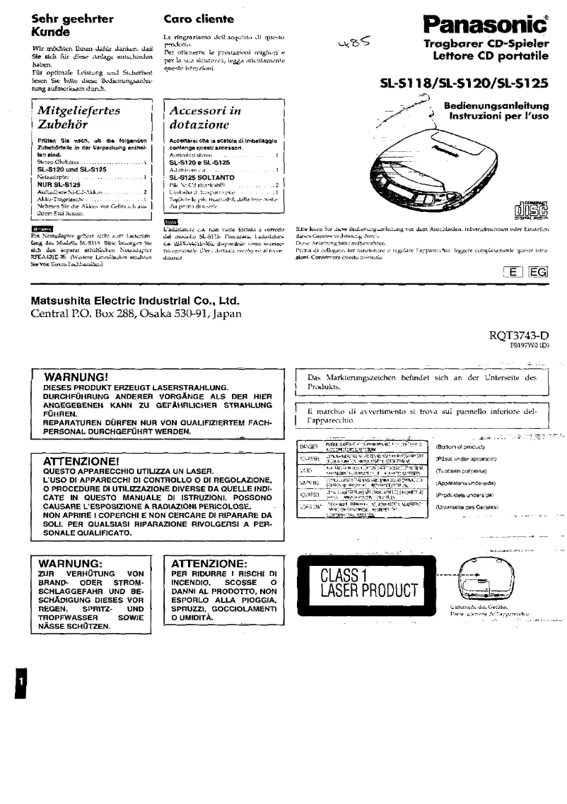 Page 1 de la notice Manuel utilisateur Panasonic SL-S125