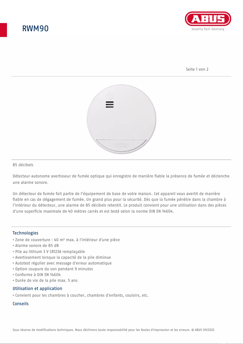 Page n°1 - Fiche technique Abus RWM90