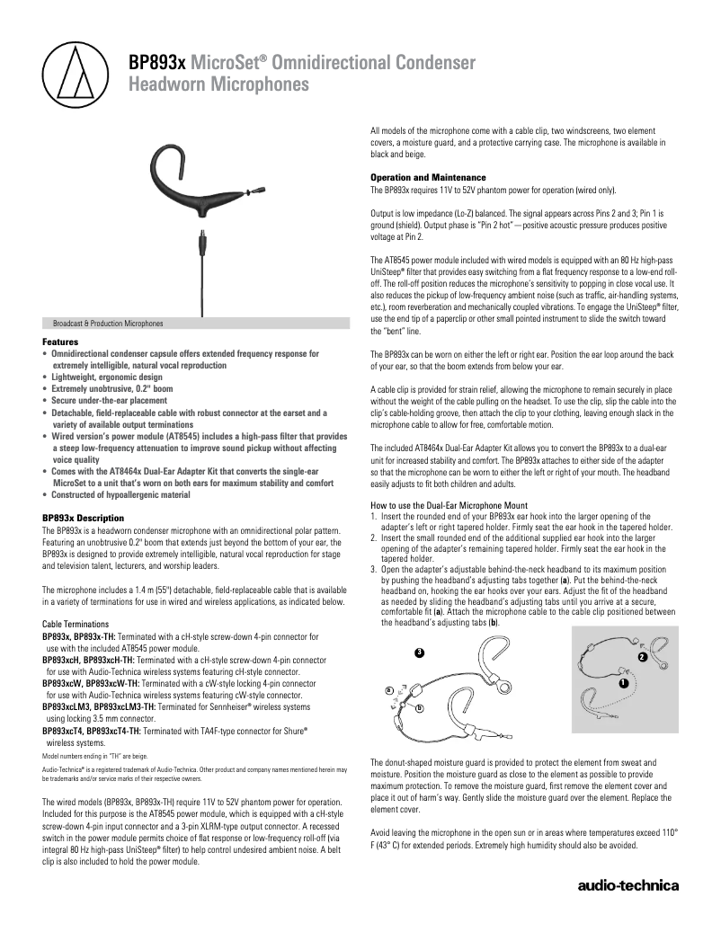 Página 1 del manual Ficha técnica Audio-Technica BP893x