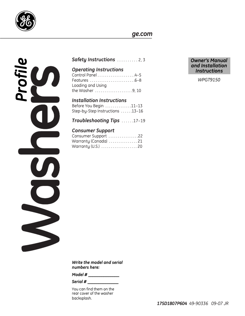 Image de la première page du manuel de l'appareil WPGT9150HWW