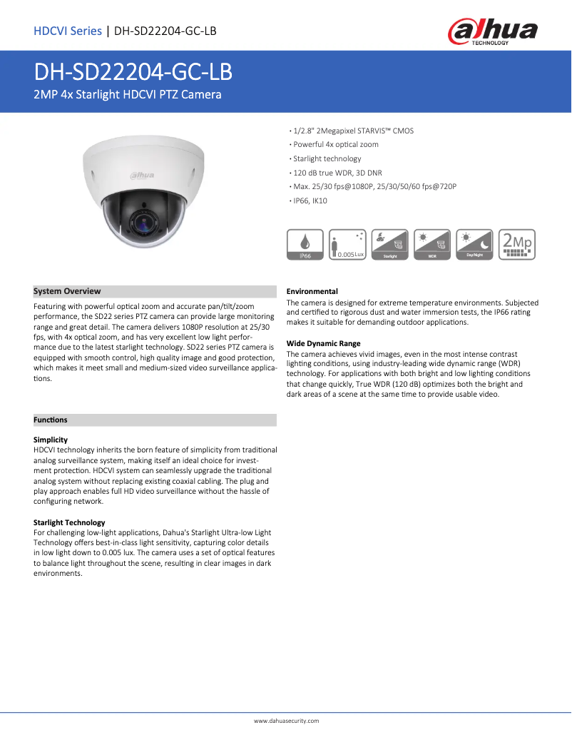 Page 1 de la notice Fiche technique Dahua Technology SD22204-GC-LB