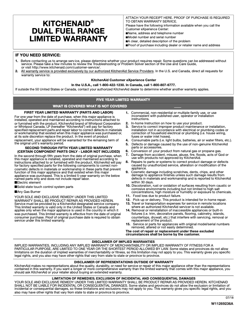 Página 1 del manual Información de garantía KitchenAid KFDC506JIB