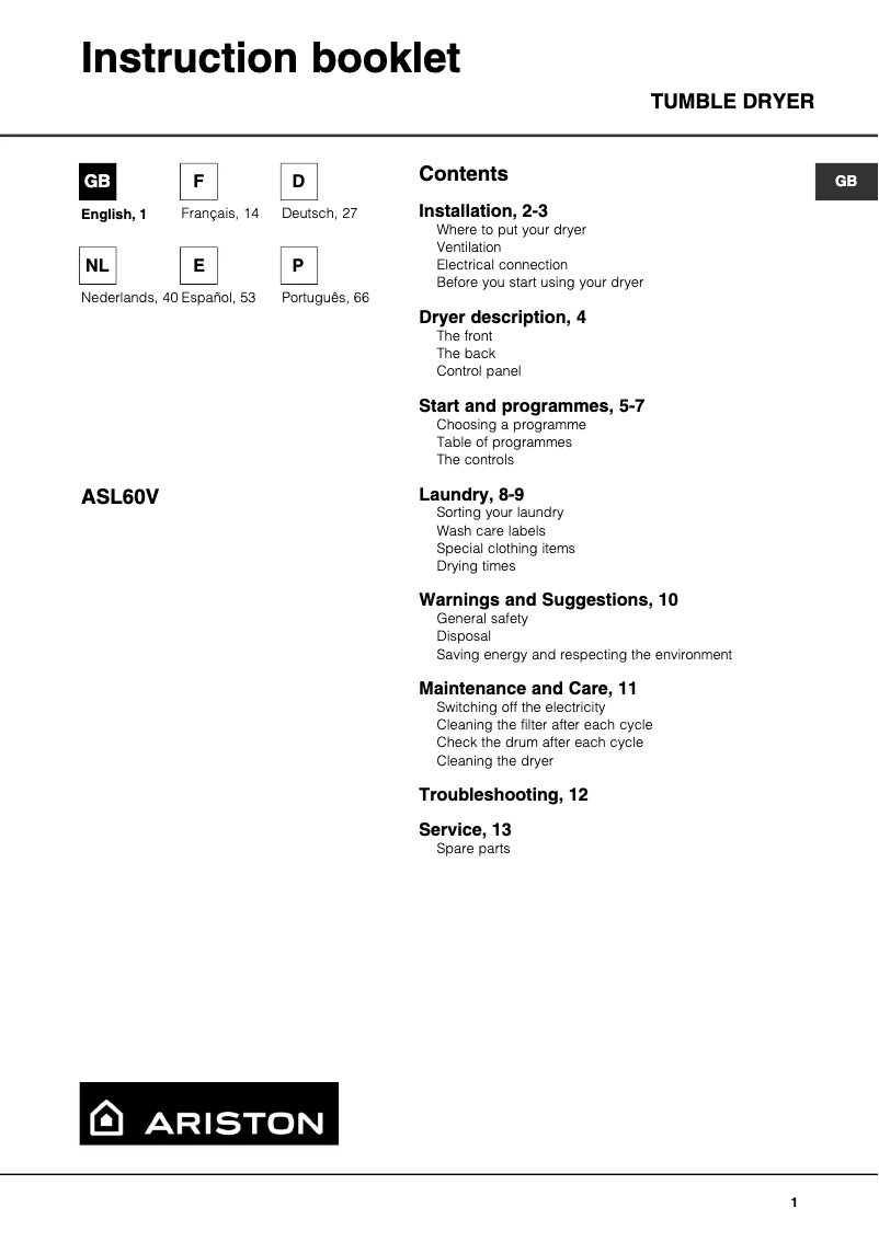 Page n°1 - Manuel utilisateur Ariston Thermo ASL 60 V