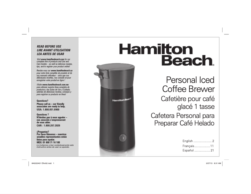 Page 1 de la notice Manuel utilisateur Hamilton Beach Personal 40917