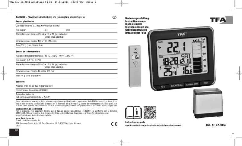 Page 1 de la notice Manuel utilisateur TFA Rainman 47.3004.01