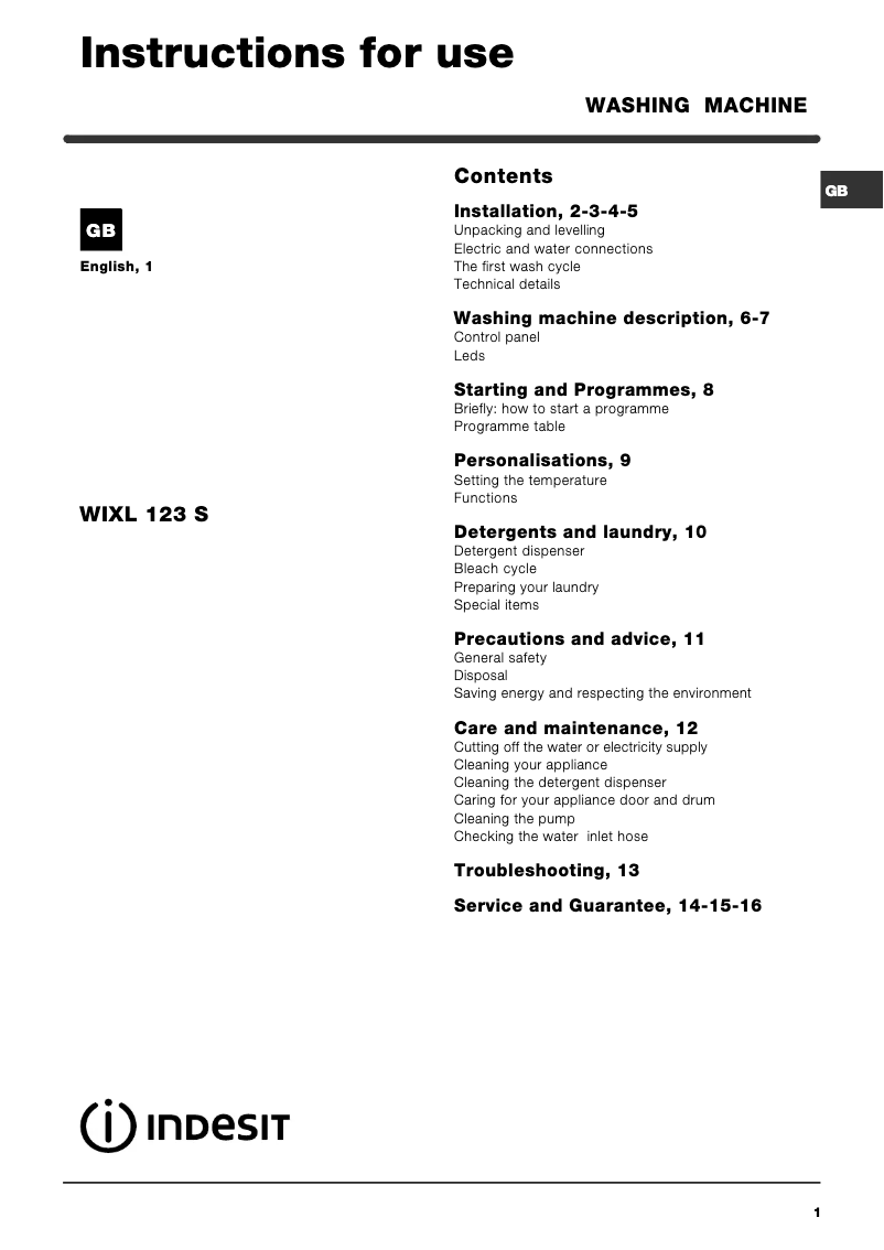 Page n°1 - Manuel utilisateur Indesit WIXL 123 S (UK).1
