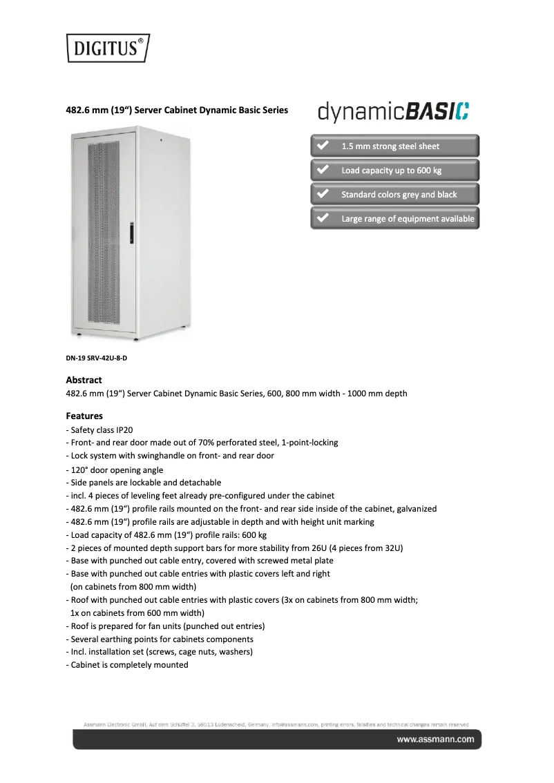 Page 1 de la notice Fiche technique Digitus DN-19 SRV-42U-8-DB