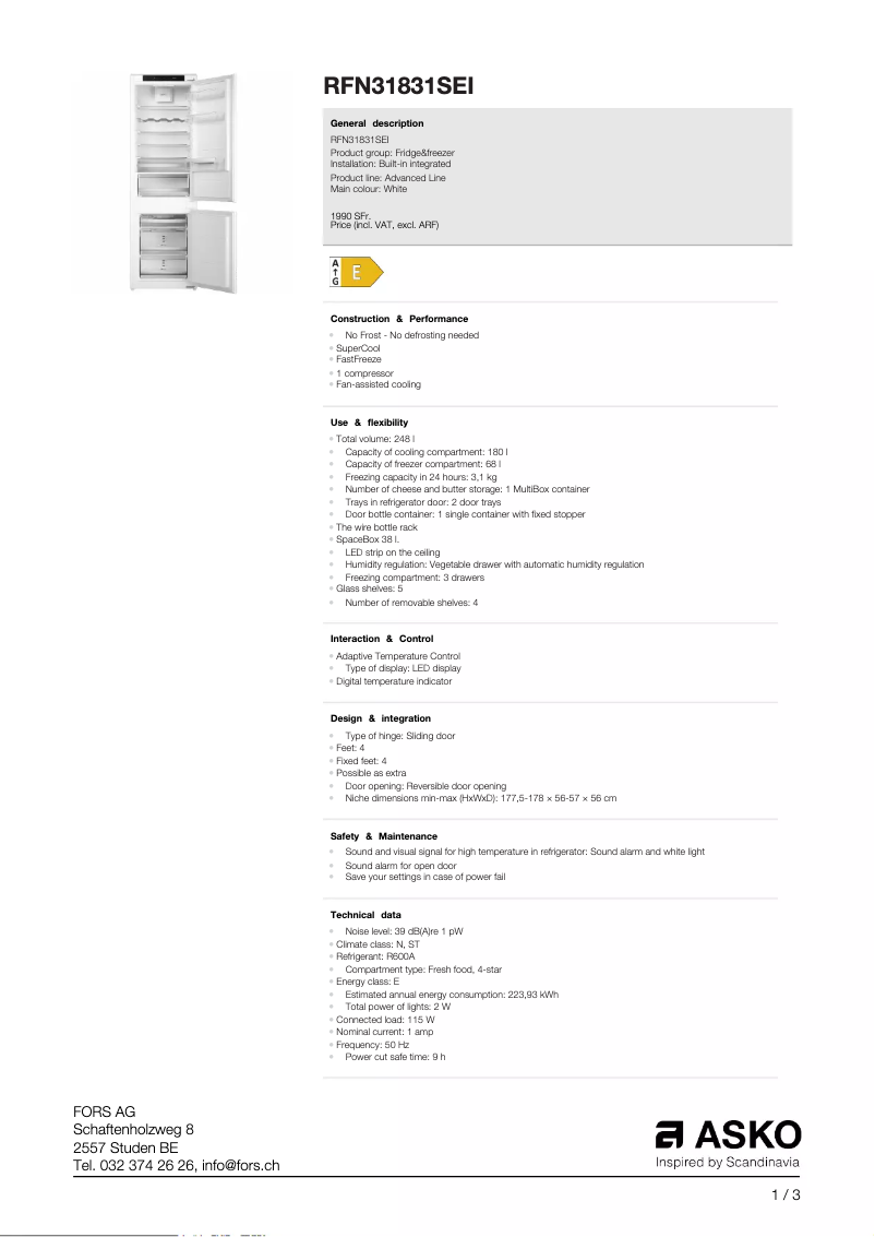 Page 1 de la notice Fiche technique Asko RFN31831SEI