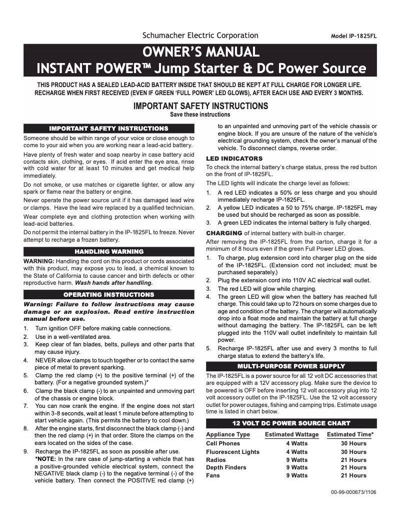 Página 1 del manual Manual de usuario Schumacher Instant Power IP-1825FL