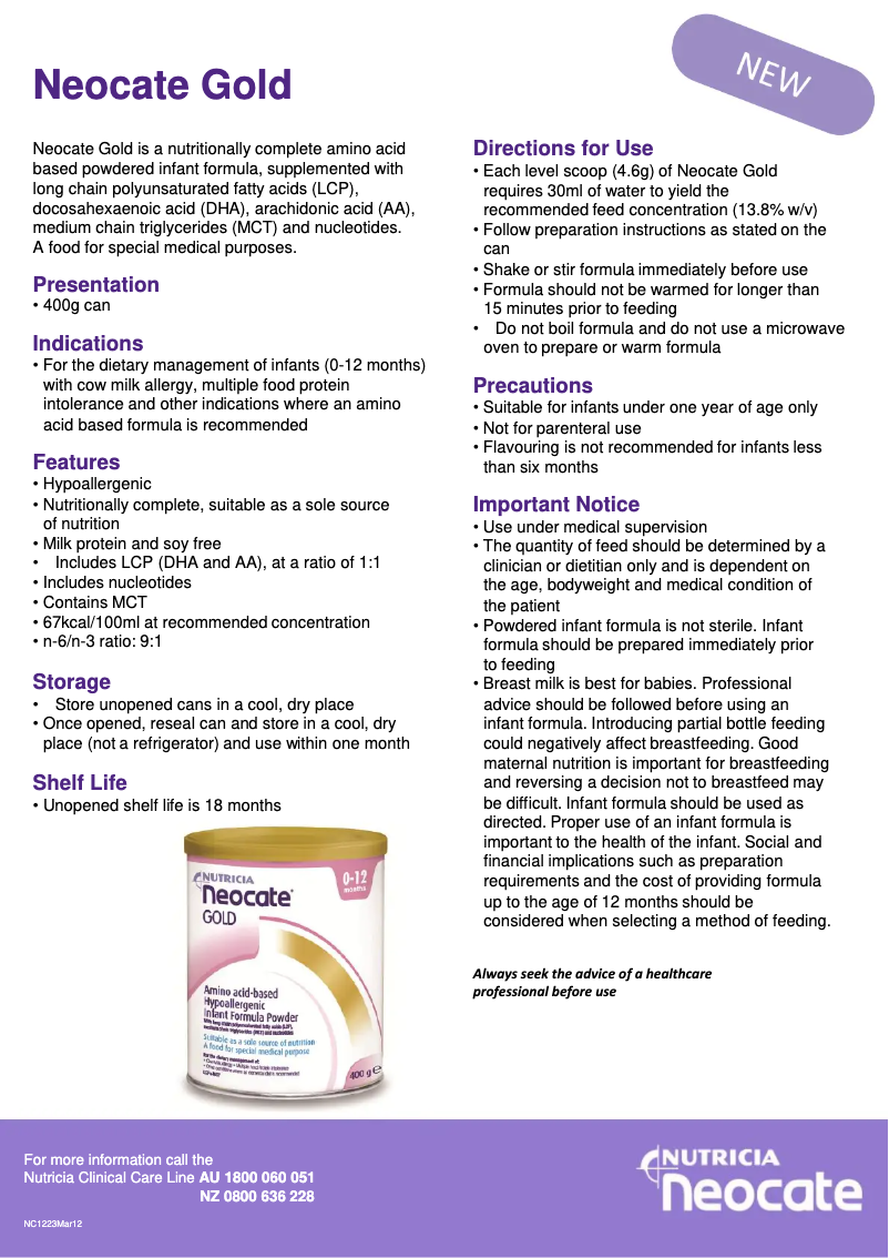 Page n°1 - Manuel utilisateur Nutricia Neocate Gold