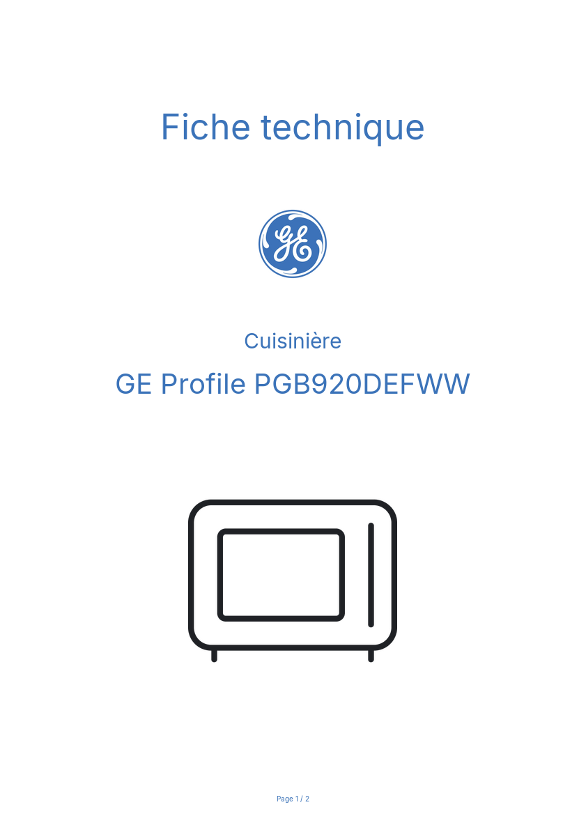 Page n°1 - Fiche technique GE Profile PGB920DEFWW