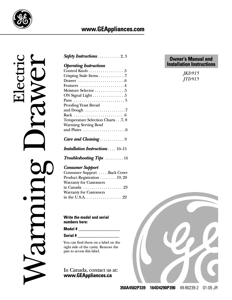 Page n°1 - Manuel d'utilisation et d'entretien GE Profile JKD915CFCC