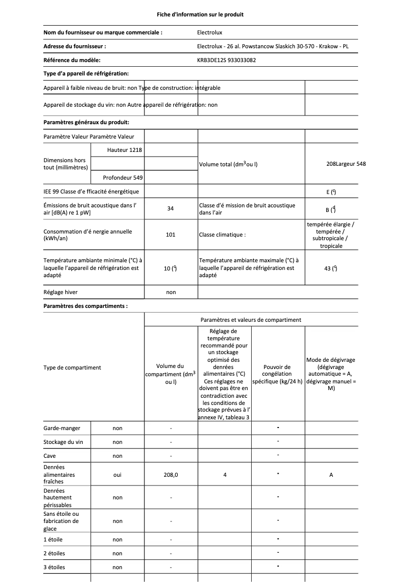 Page 1 de la notice Fiche technique Electrolux KRB3DE12S