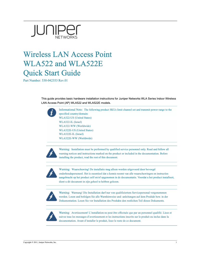 Page 1 de la notice Manuel utilisateur Juniper WLA522E