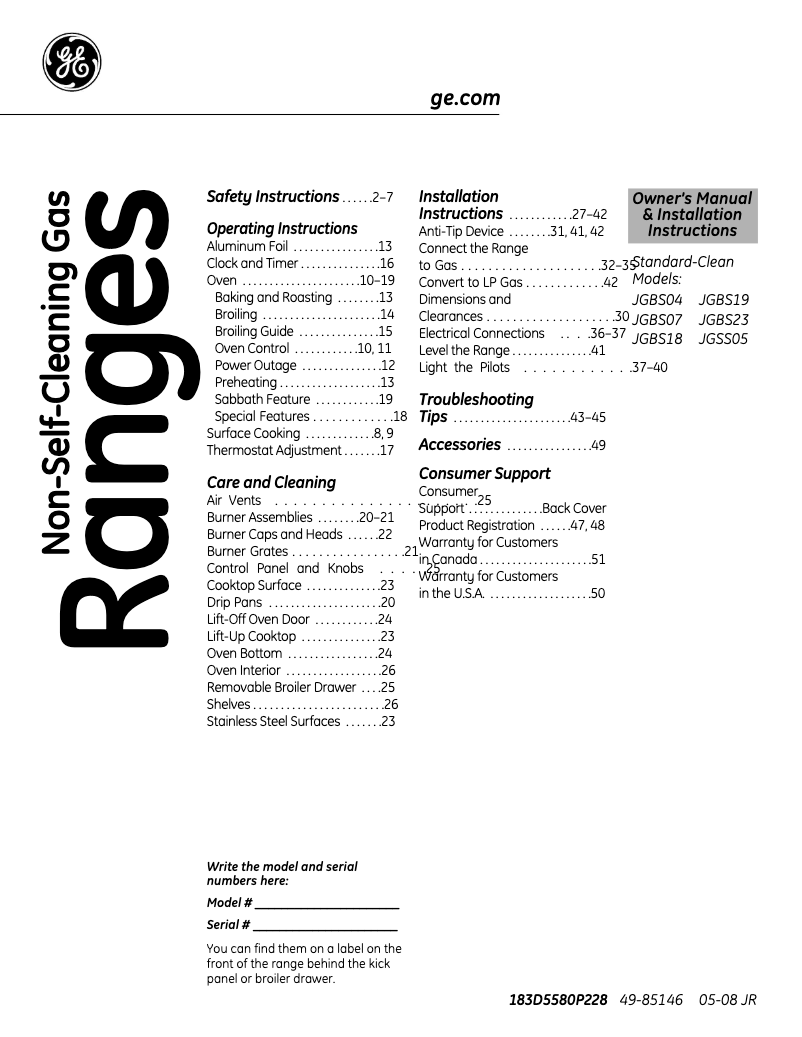 Page n°1 - Manuel d'utilisation et d'entretien GE JGBS07DEMCC