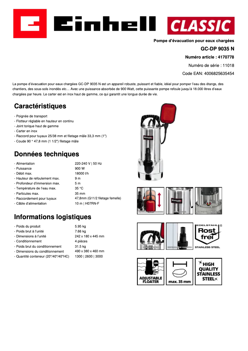 Page n°1 - Fiche technique Einhell GC-DP 9035 N
