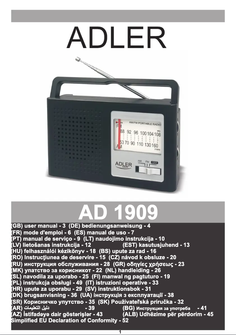 Page 1 de la notice Manuel utilisateur Adler AD 1909