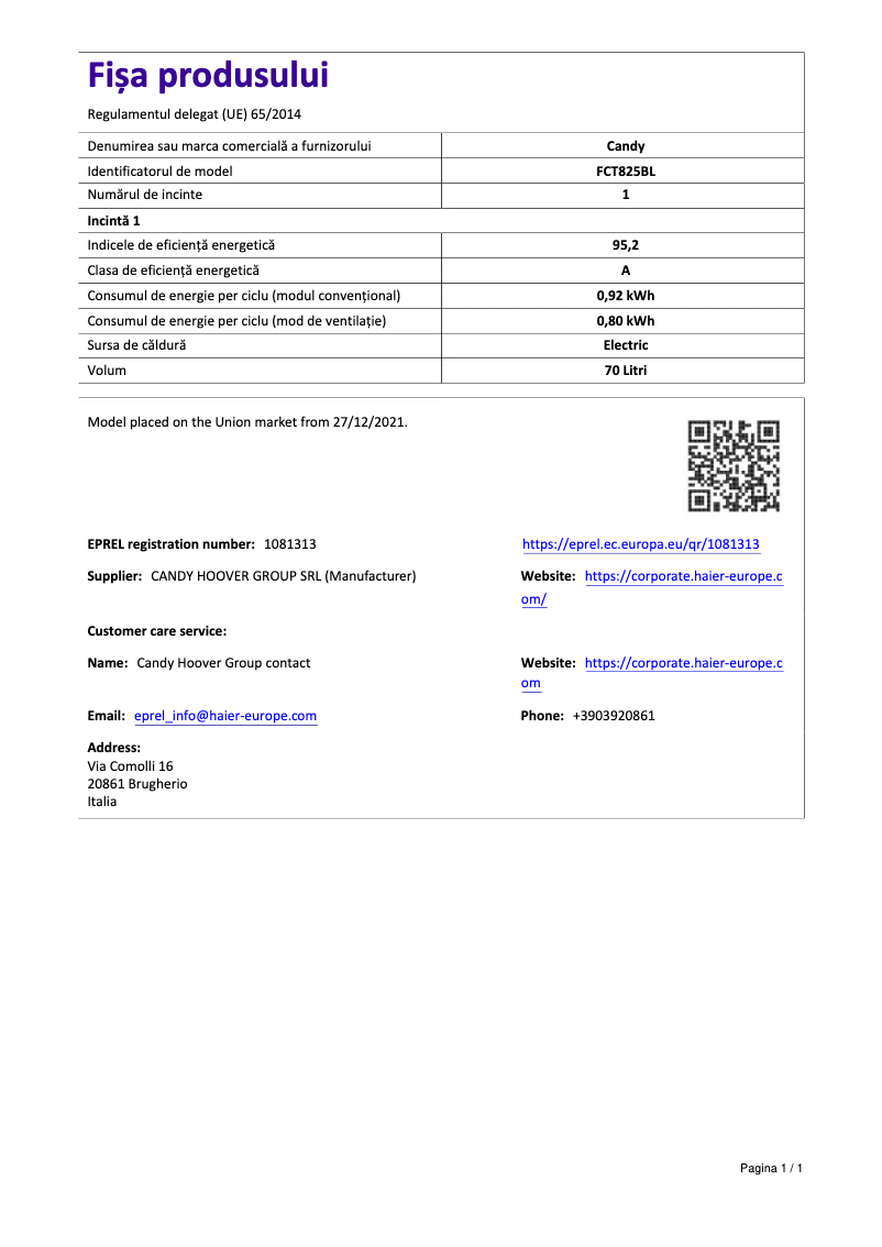 Page n°1 - Manuel utilisateur Candy FCT825BL