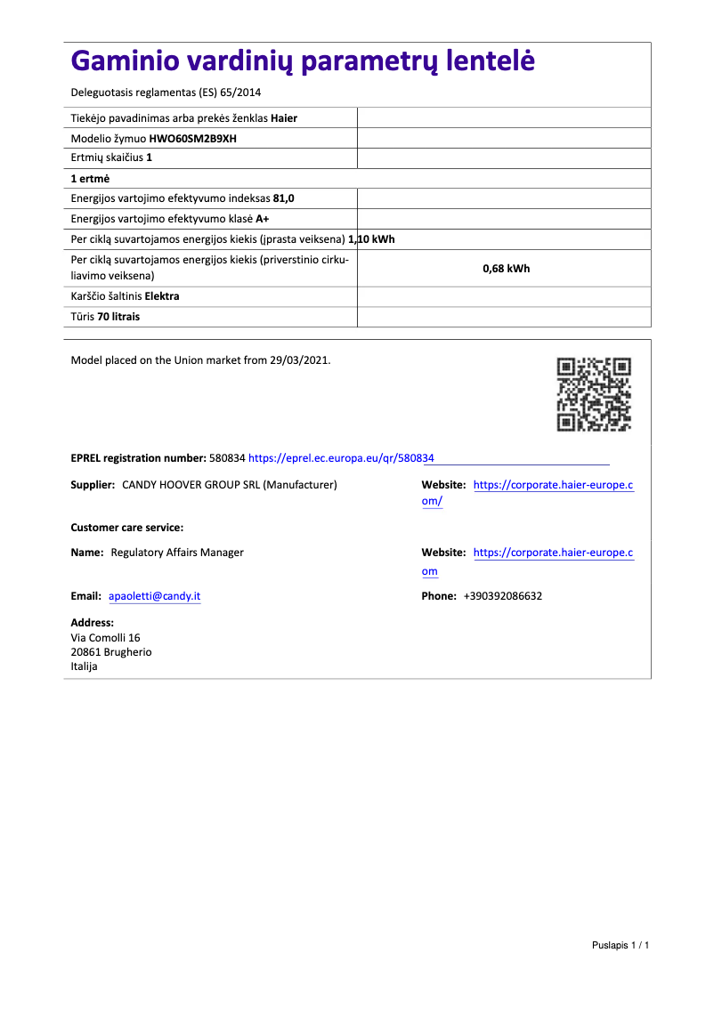 Page n°1 - Fiche technique Haier HWO60SM2B9XH