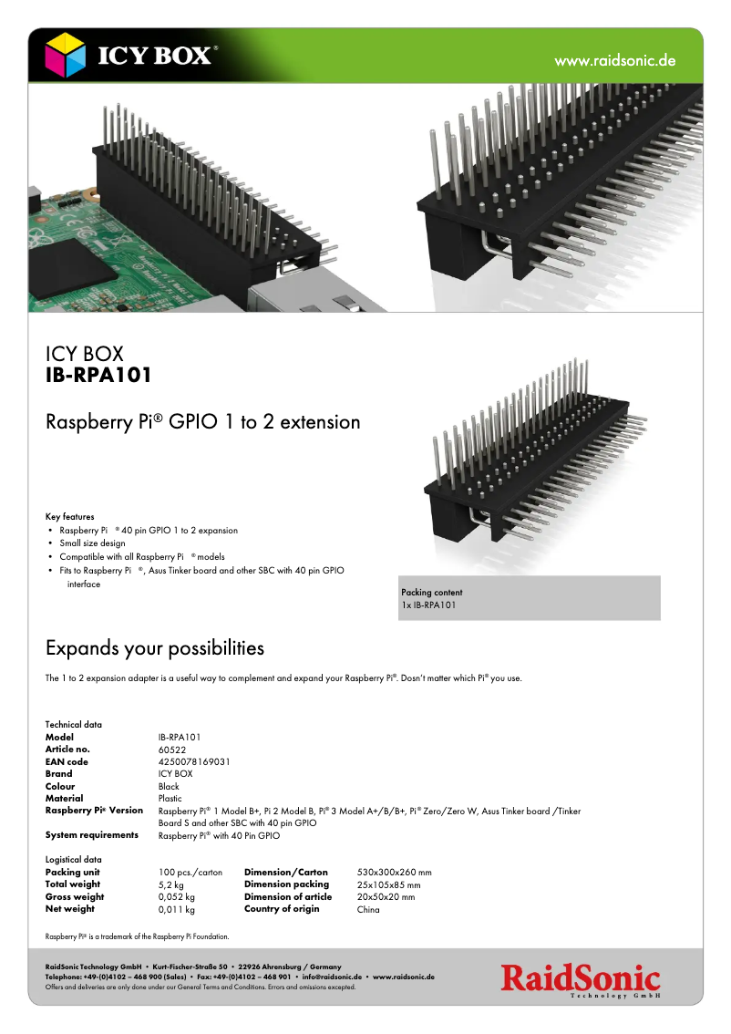 Page 1 de la notice Fiche technique Icy Box IB-RPA101