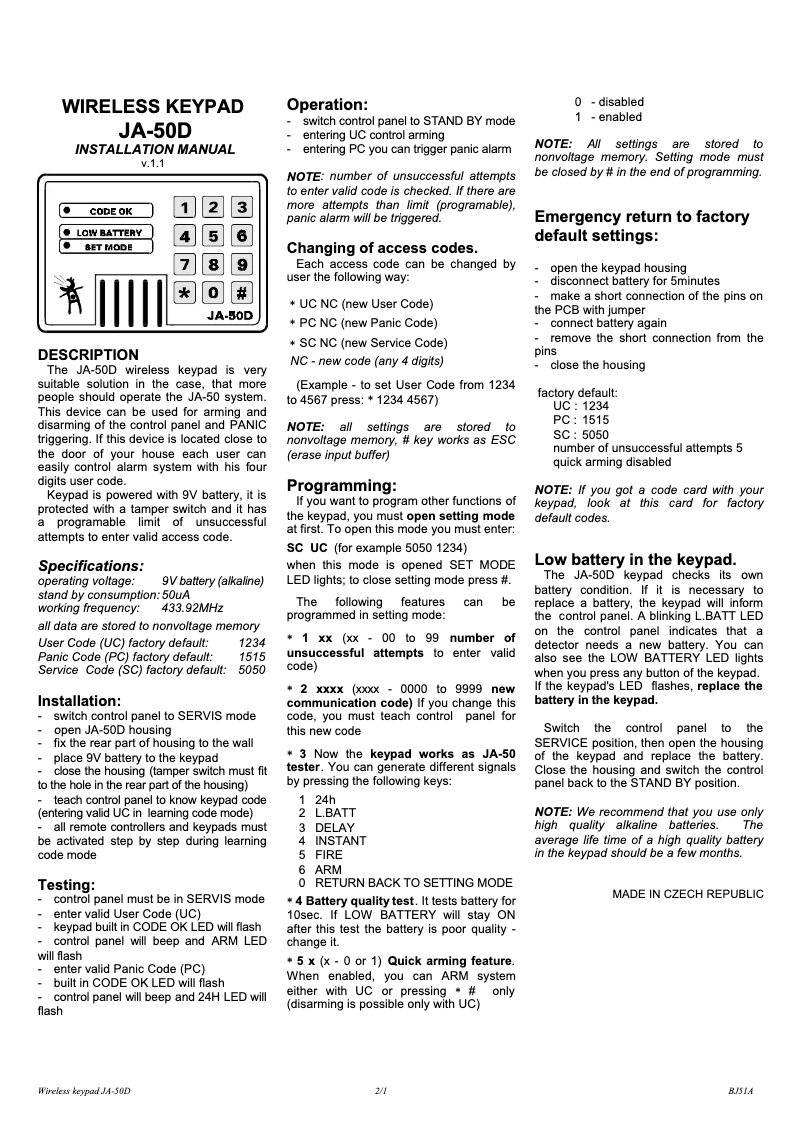 Page 1 de la notice Manuel utilisateur Joblotron JA-50D